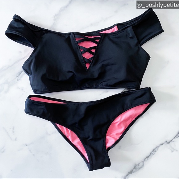 Pink Victoria secret s black off shoulder bikini